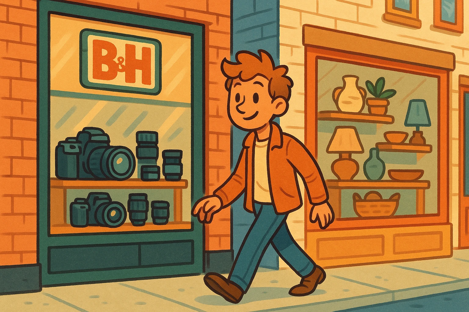 A vibrant city street with a storefront window displaying B&H Photo Video’s logo, alongside an artfully arranged collection of high-end photography cameras and lenses on one side, opposite a stylish Atticus Goods display featuring artisanal home goods and lifestyle products.