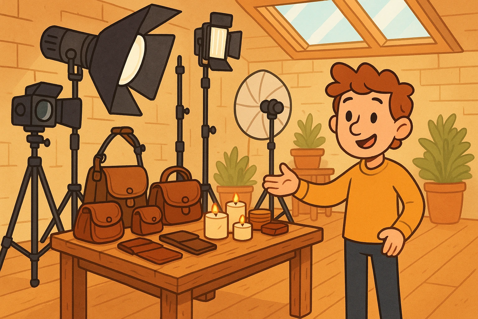 A spacious studio filled with photography equipment from B&H Photo Video, including tripods and lighting rigs, next to a rustic wooden table displaying handcrafted leather goods and artisanal candles from Atticus Goods, set under a skylight with natural daylight streaming in.