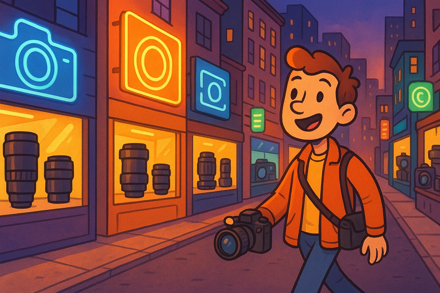 A bustling city street scene with various camera lenses and photography equipment displayed in store windows, showcasing different brands under bright neon signs at dusk.