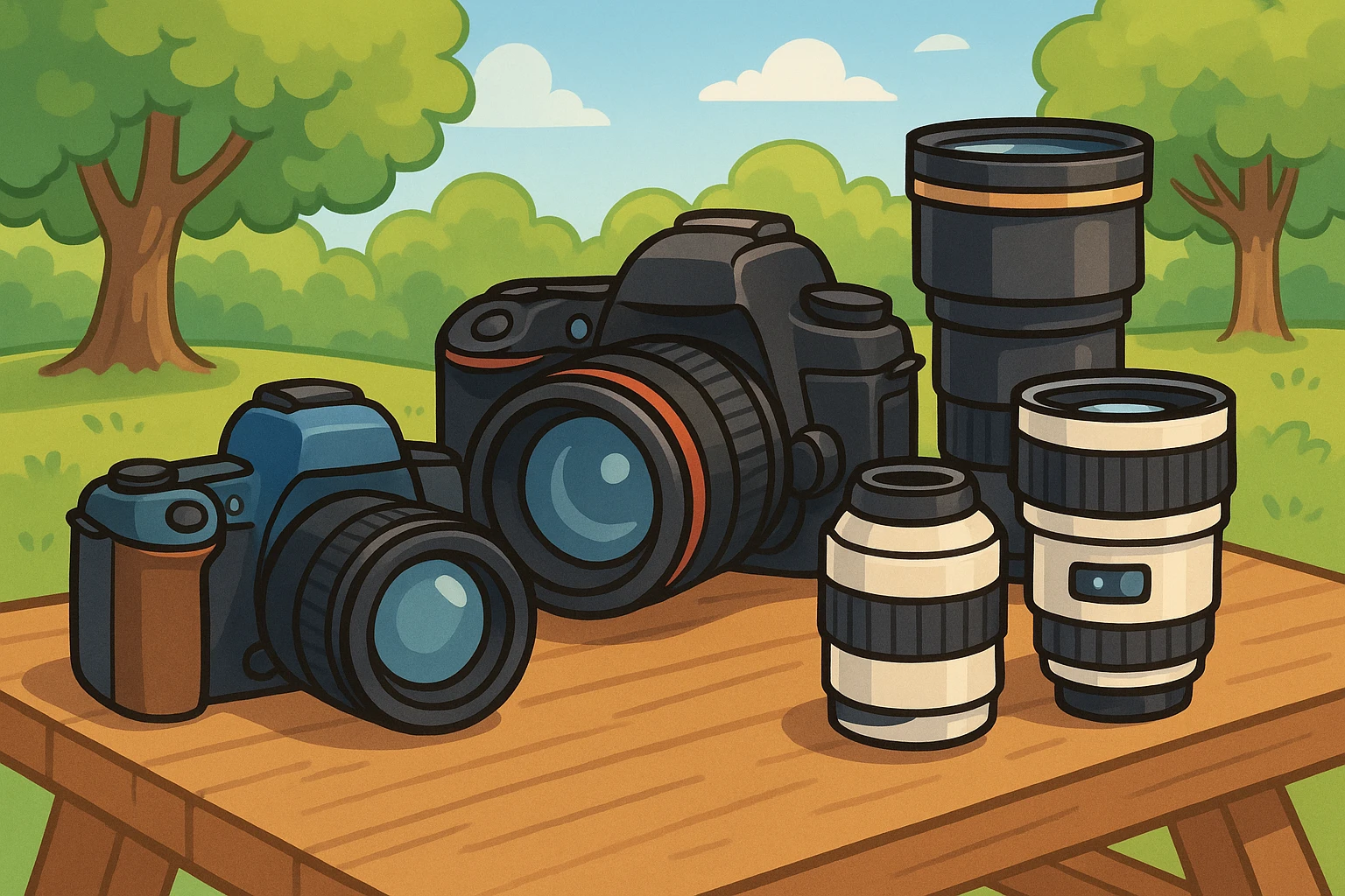 A close-up of a selection of high-end cameras and lenses displayed on a wooden outdoor table under natural light, featuring Adorama and other brand logos visible on the equipment, with a lush green park in the background.