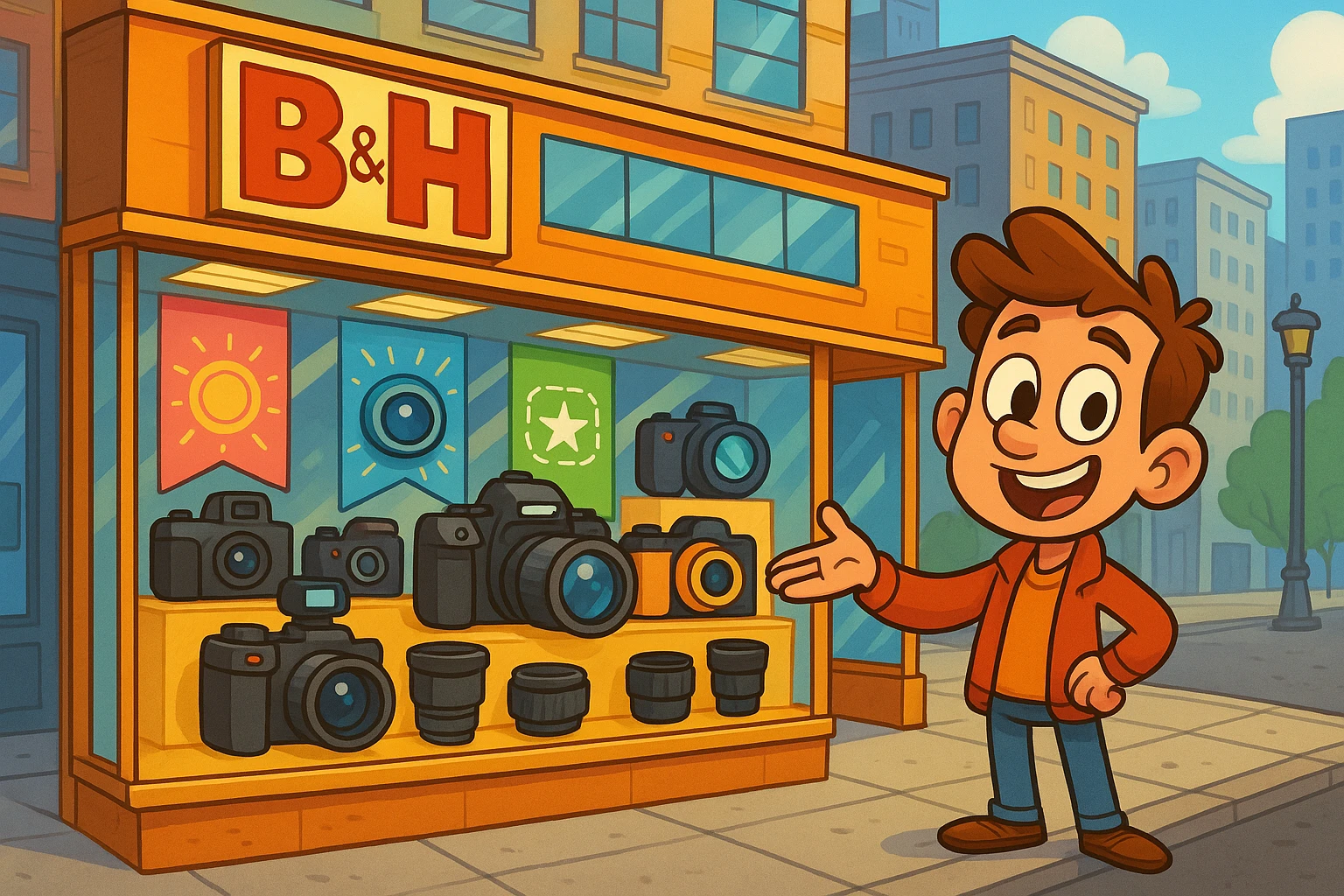 A vibrant storefront display of B&H Photo Video showcasing an array of high-end cameras and lenses, with colorful banners highlighting cutting-edge features, set against the backdrop of a bustling city street.