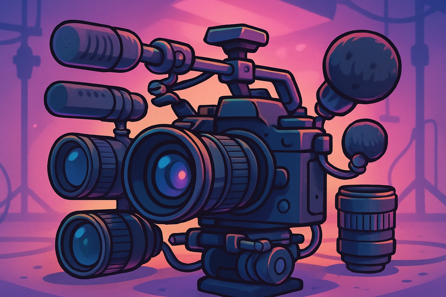 A close-up of a professional camera rig setup in a studio environment, featuring various high-end lenses and audio microphones, with colorful backlighting highlighting the intricate details of the equipment.