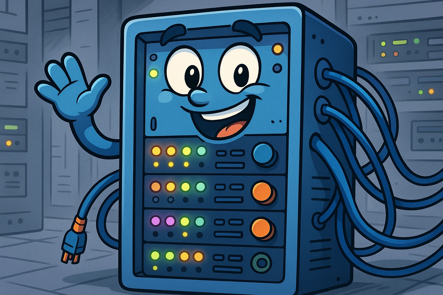 A close-up of a modern server rack filled with glowing LED lights and network cables, set against a sleek, industrial background.