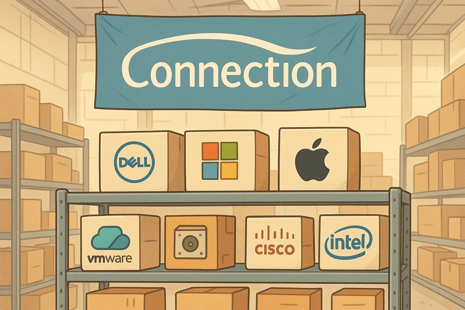 A stack of product boxes labeled with various IT hardware and software logos, neatly arranged on industrial shelves in a well-lit warehouse, with a large Connection banner hanging above.