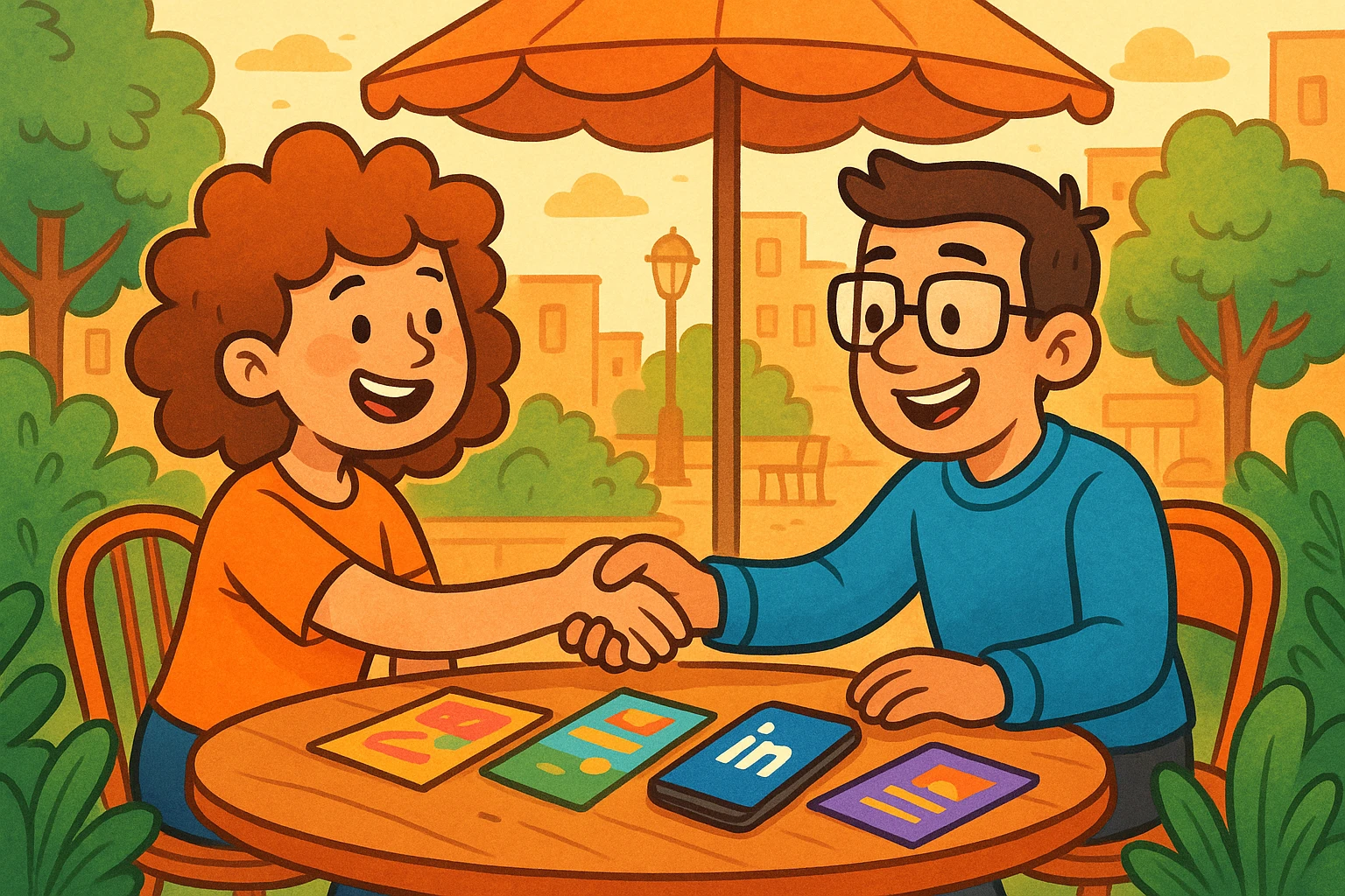 A vibrant outdoor café scene with two people shaking hands over a table adorned with colorful brochures and a smartphone displaying a LinkedIn logo, surrounded by greenery and ambient city sounds.