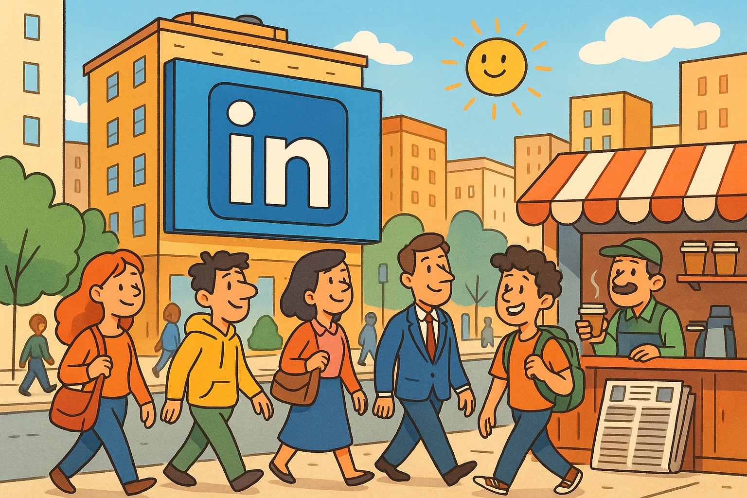 A bustling city street scene featuring a large billboard displaying the LinkedIn logo, while pedestrians walk by, and a nearby vendor sells newspapers and coffee on a sunny day.