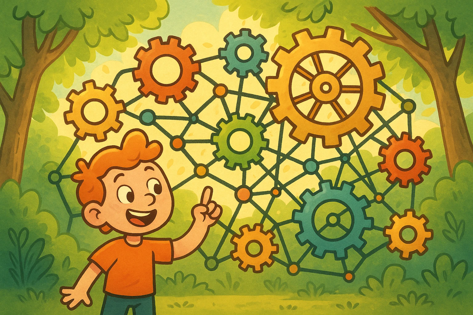 A large, intricate network of interconnected gears and cogs outdoors, illuminated by sunlight filtering through tree branches, symbolizing complex data relationships and dynamic system interactions.