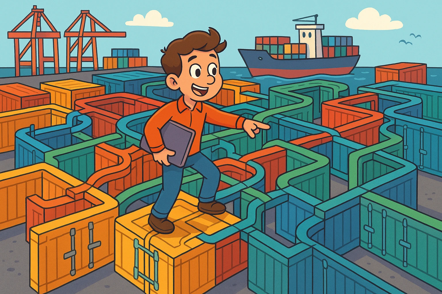 An array of colorful, interconnected shipping containers forming a maze at a bustling port, symbolizing data relationships and supply chain optimization.