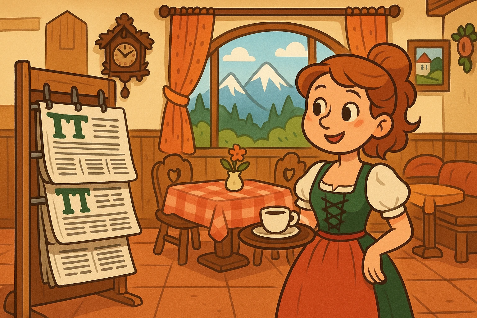 A cozy Austrian café with a rack of newspapers prominently displaying the Tiroler Tageszeitung (TT), surrounded by traditional Tyrolean decor, with a scenic mountain view visible through large windows in the background.