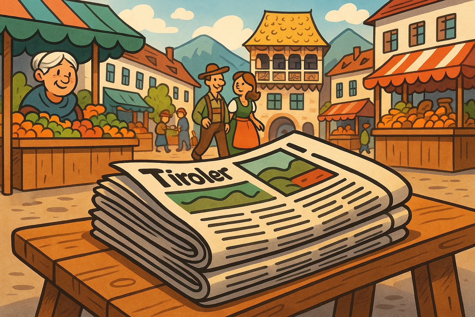 A stack of freshly printed Tiroler Tageszeitung newspapers lies on a wooden bench in a bustling Tyrolean market square, with vibrant stalls and traditional architecture in the background, highlighting their presence in the local community.