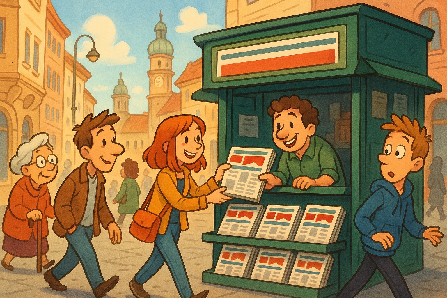 A vibrant city street in Europe showcasing a newsstand filled with copies of Tiroler Tageszeitung, their distinctive logo prominently displayed on the front page, surrounded by bustling pedestrians and a backdrop of historic architecture.