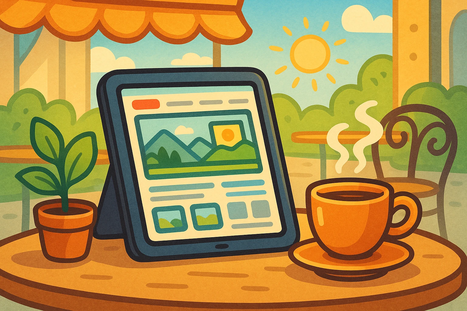 An open tablet displaying the Tiroler Tageszeitung homepage, laid on a table beside a steaming coffee cup and a small potted plant, set against a sunny outdoor café backdrop.