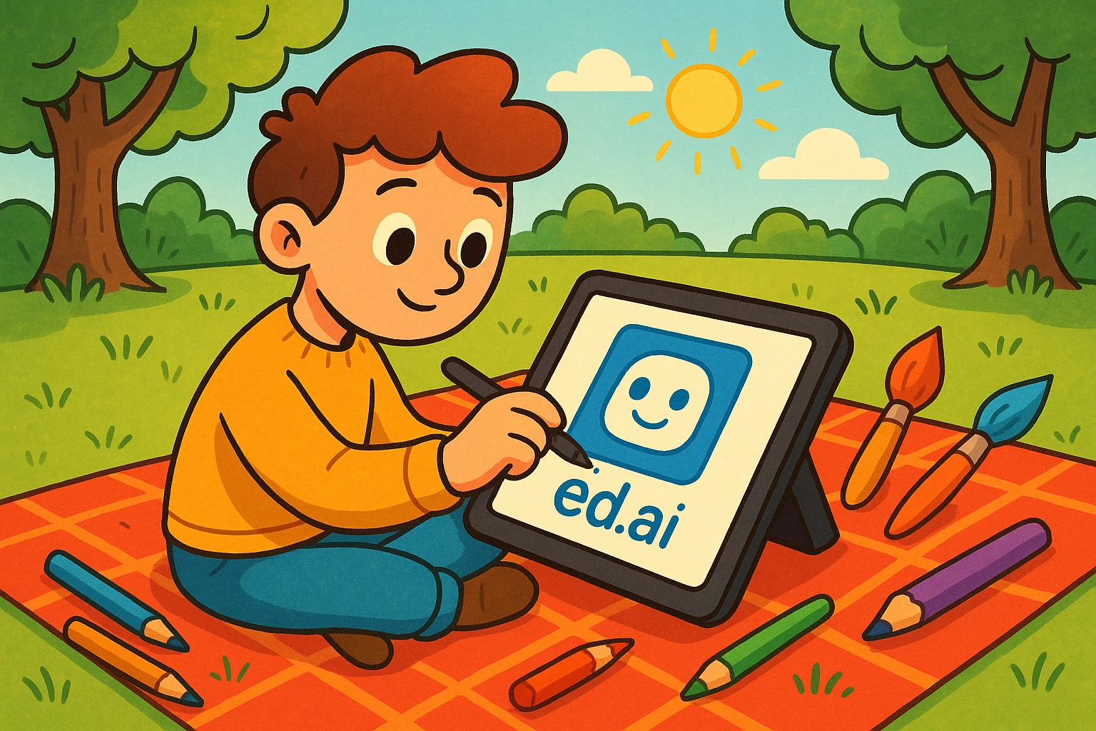 A hand drawing on a digital tablet outdoors, displaying the Ed.ai logo surrounded by vibrant creative tools like colorful pencils and paintbrushes scattered on a picnic blanket in a park.