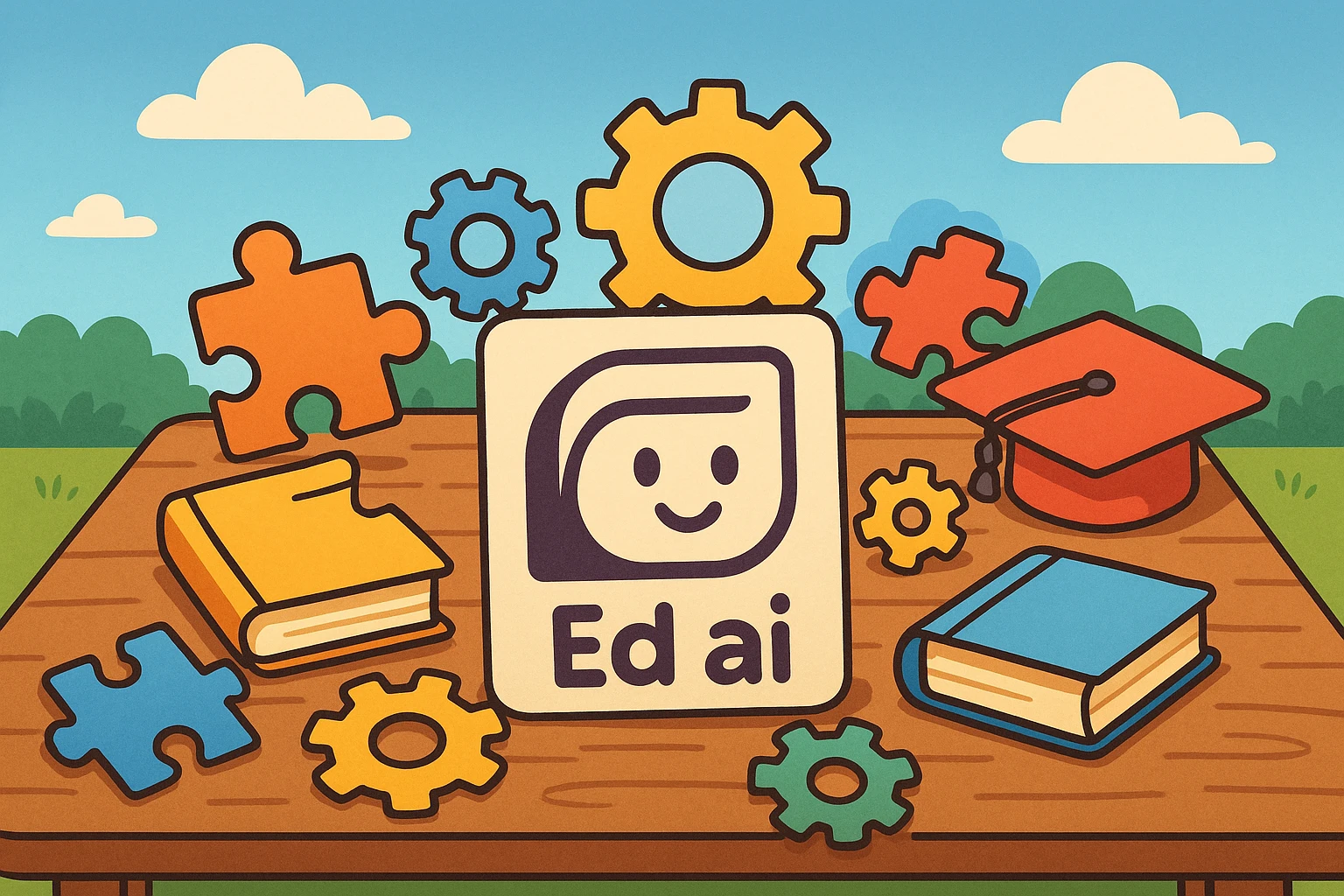 A wooden table outdoors with a collection of paper cut-outs: the Ed.ai logo, colorful gears, puzzle pieces, and educational icons like books and graduation caps, all arranged creatively under a clear blue sky.