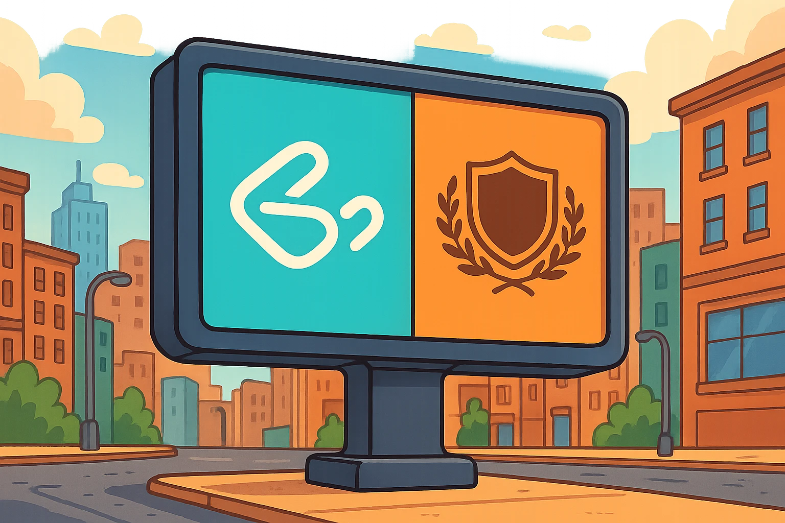 A sleek display of two distinct logos—Ed.ai represented by a futuristic abstract symbol and Atticus Goods by a classic, elegant emblem—emblazoned on a modern digital billboard in a bustling city street.