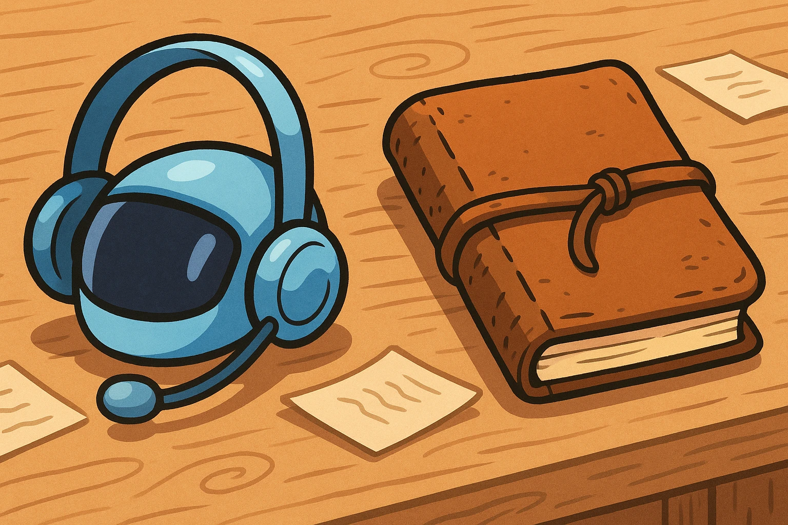 A close-up of two contrasting products displayed side-by-side: a sleek, futuristic headset symbolizing Ed.ai’s AI-driven learning features, next to a rustic, leather-bound notebook representing Atticus Goods’ traditional platform, set against a natural wooden table with pages scattered around.