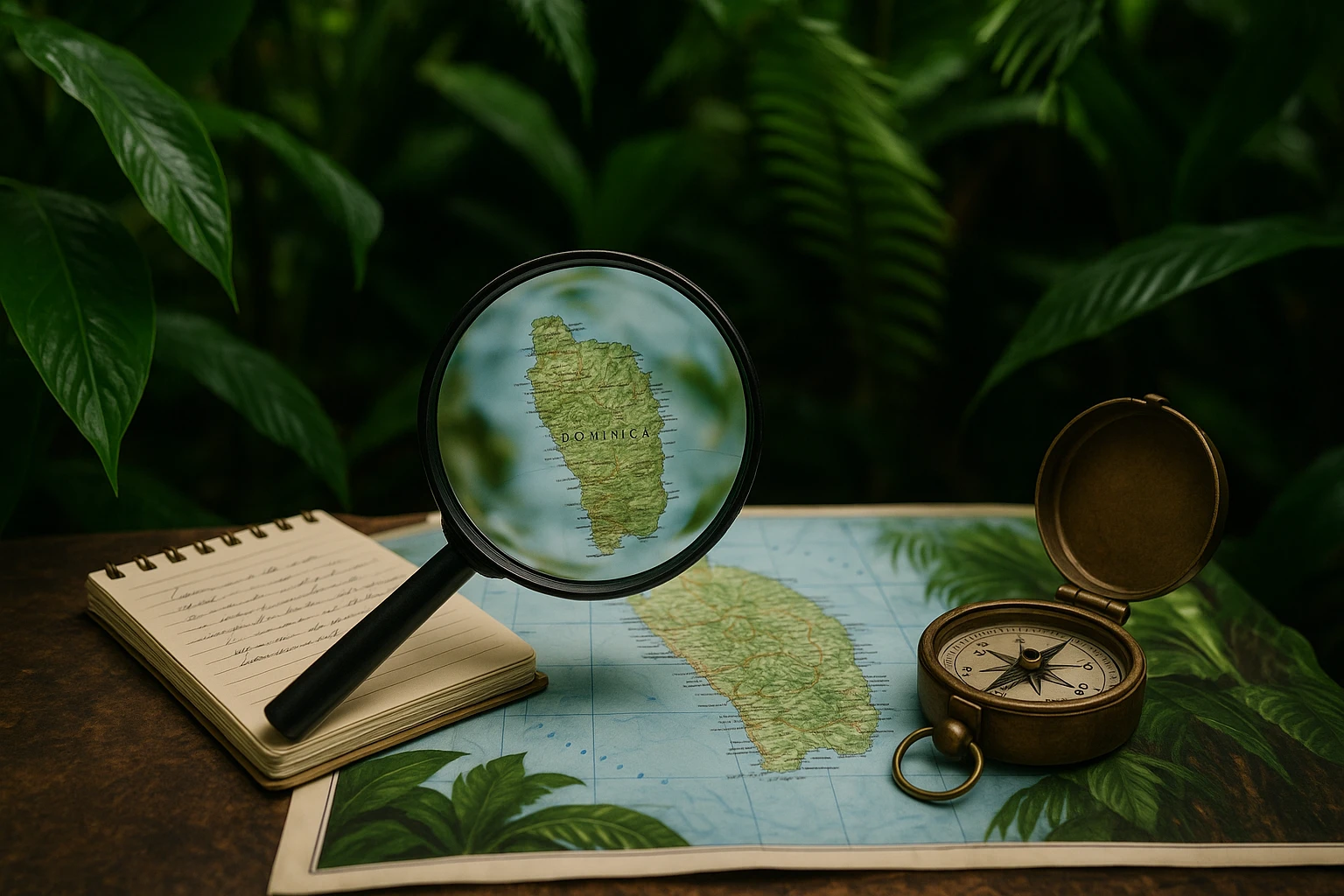 A magnifying glass resting on a map of Dominica, surrounded by a notepad with handwritten notes and a vintage compass, all set against a backdrop of lush tropical foliage.
