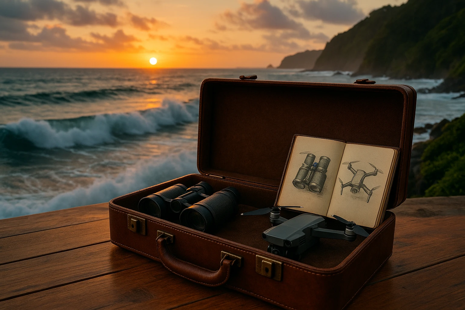 A leather-bound investigation case open on a wooden table, containing binoculars, a small drone, and a notebook with sketches, all set against the backdrop of Dominica's coastline with waves crashing and a sunset.