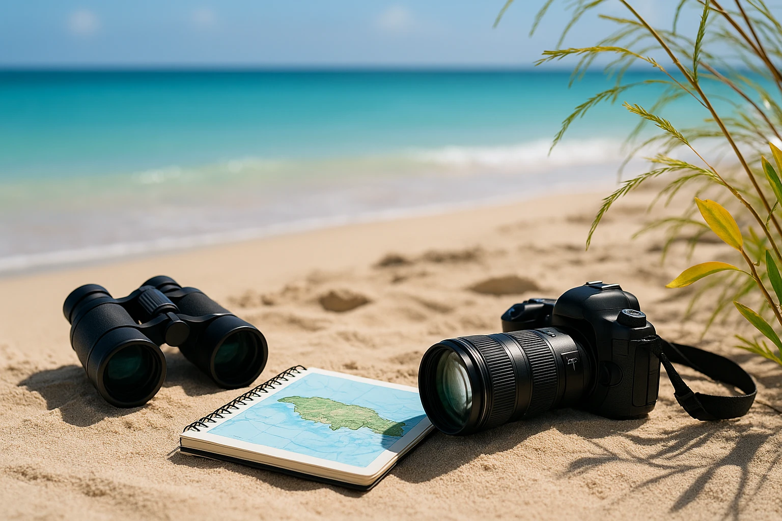A private investigator's toolkit laid out on a sandy Caribbean beach, featuring binoculars, a notepad with a local map of Jamaica, a camera with a zoom lens, and local flora gently swaying in the breeze.
