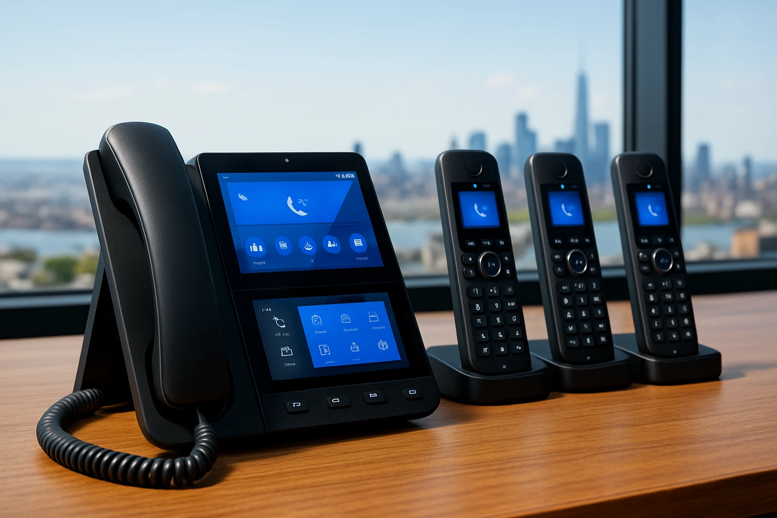 Unlock Efficiency: The Top Business Phone Systems You Need Today 1 A sleek, modern VOIP phone system with multiple handsets and a digital touch screen interface, displayed on a wooden table with a scenic window view showcasing a city skyline.