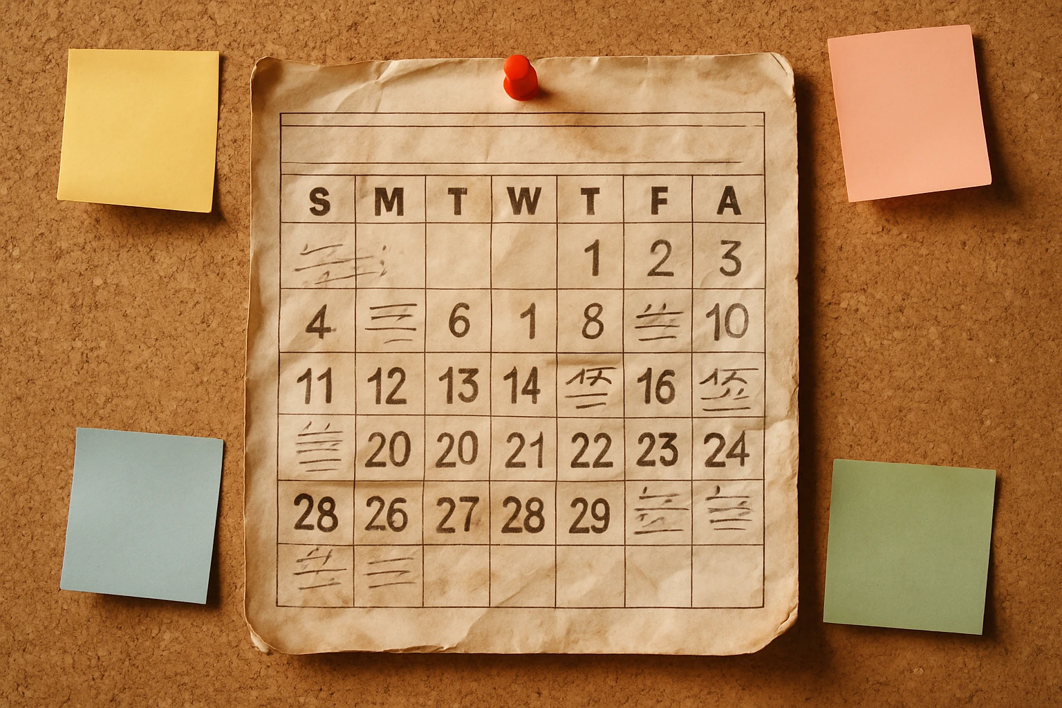 A close-up of a well-worn vintage calendar pinned on a corkboard, with highlighted dates and handwritten notes detailing important economic terms, surrounded by colorful sticky notes.