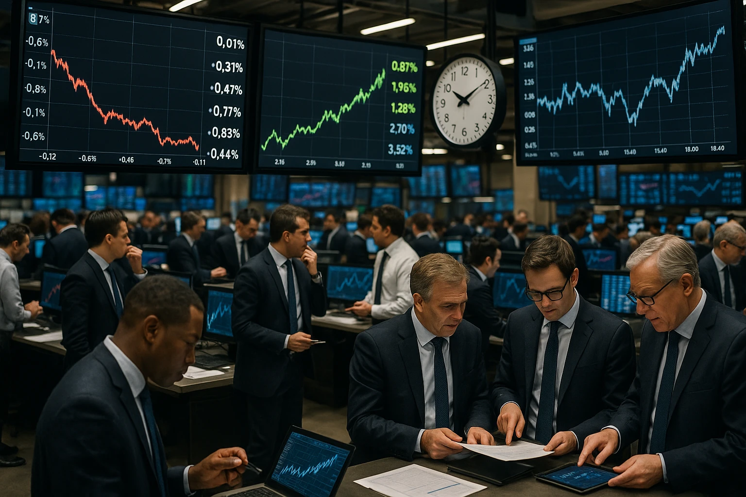 A bustling stock exchange floor with large digital screens displaying fluctuating interest rates, traders analyzing graphs, and a prominent clock showing meeting times.