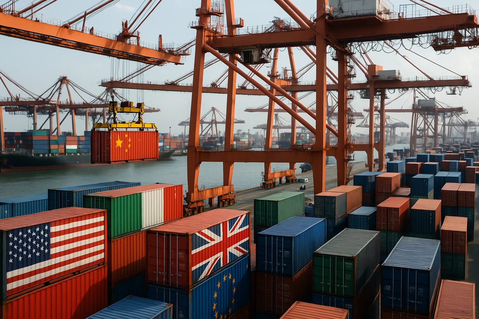 A bustling port with cranes unloading shipping containers labeled with various countries' flags, illustrating the global trade impact of tariffs amidst international commerce.