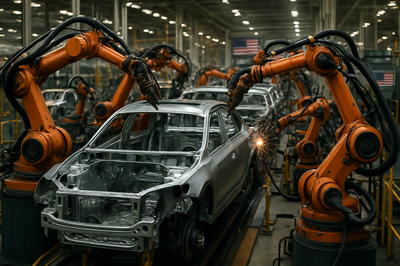 A factory floor bustling with industrial robots assembling cars, emphasizing automation and investment in American manufacturing as a response to tariff impacts, with an American flag subtly visible on machinery in the background.