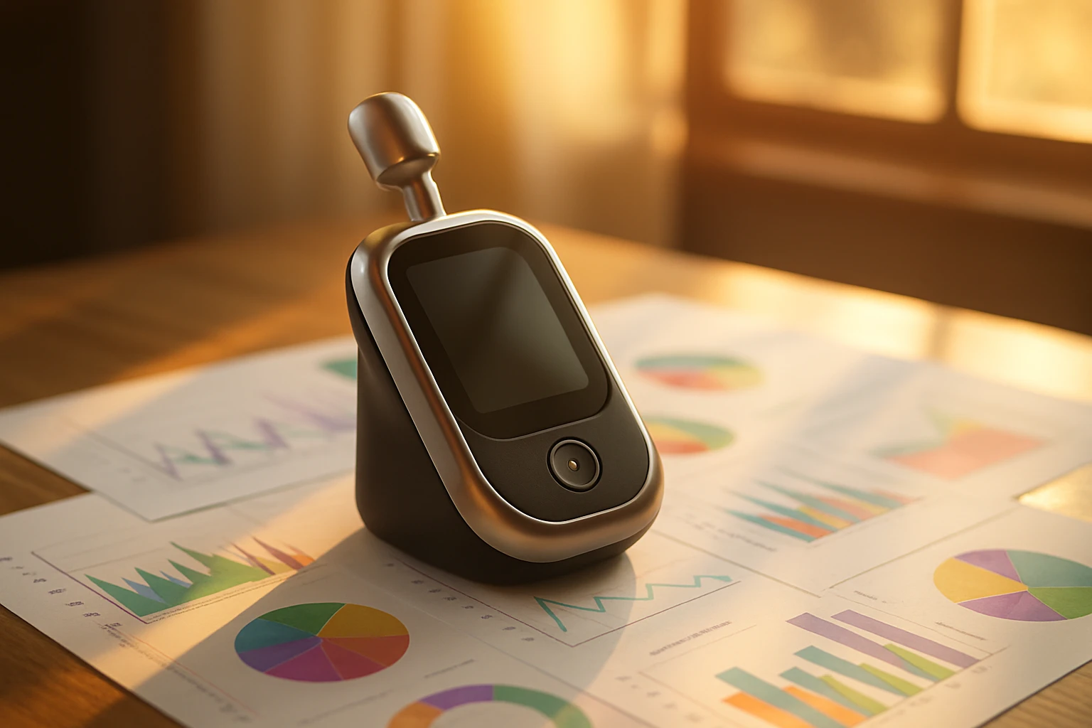 A close-up of a sleek diagnostic device resting on a wooden table, surrounded by colorful graphs and charts illustrating mental health metrics, with sunlight streaming through a window to create a warm, hopeful ambiance.