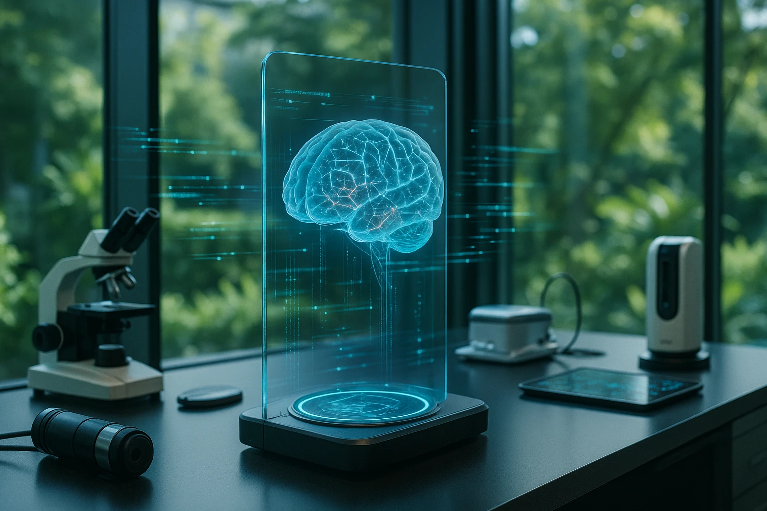 A futuristic lab scene featuring a transparent holographic display projecting a brain with highlighted neural networks, surrounded by sleek diagnostic tools and glowing data streams, set against a backdrop of lush greenery visible through large windows.