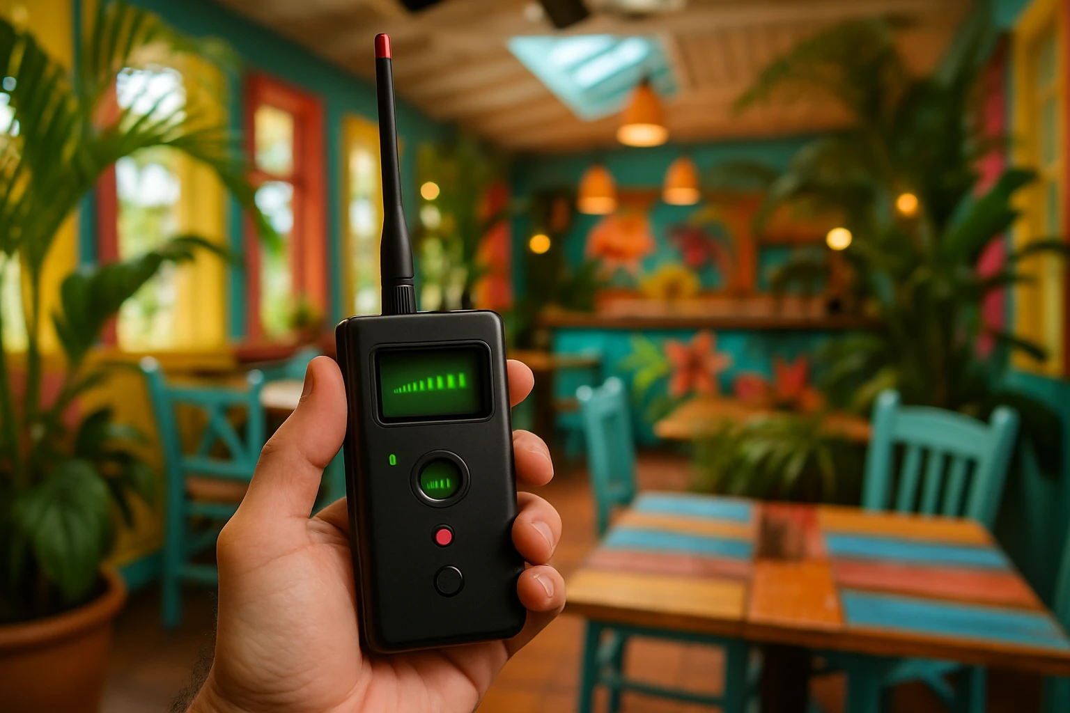 A close-up of a handheld bug detector device scanning the vibrant interiors of a Key West beachside café, with tropical plants and colorful decor in the background.