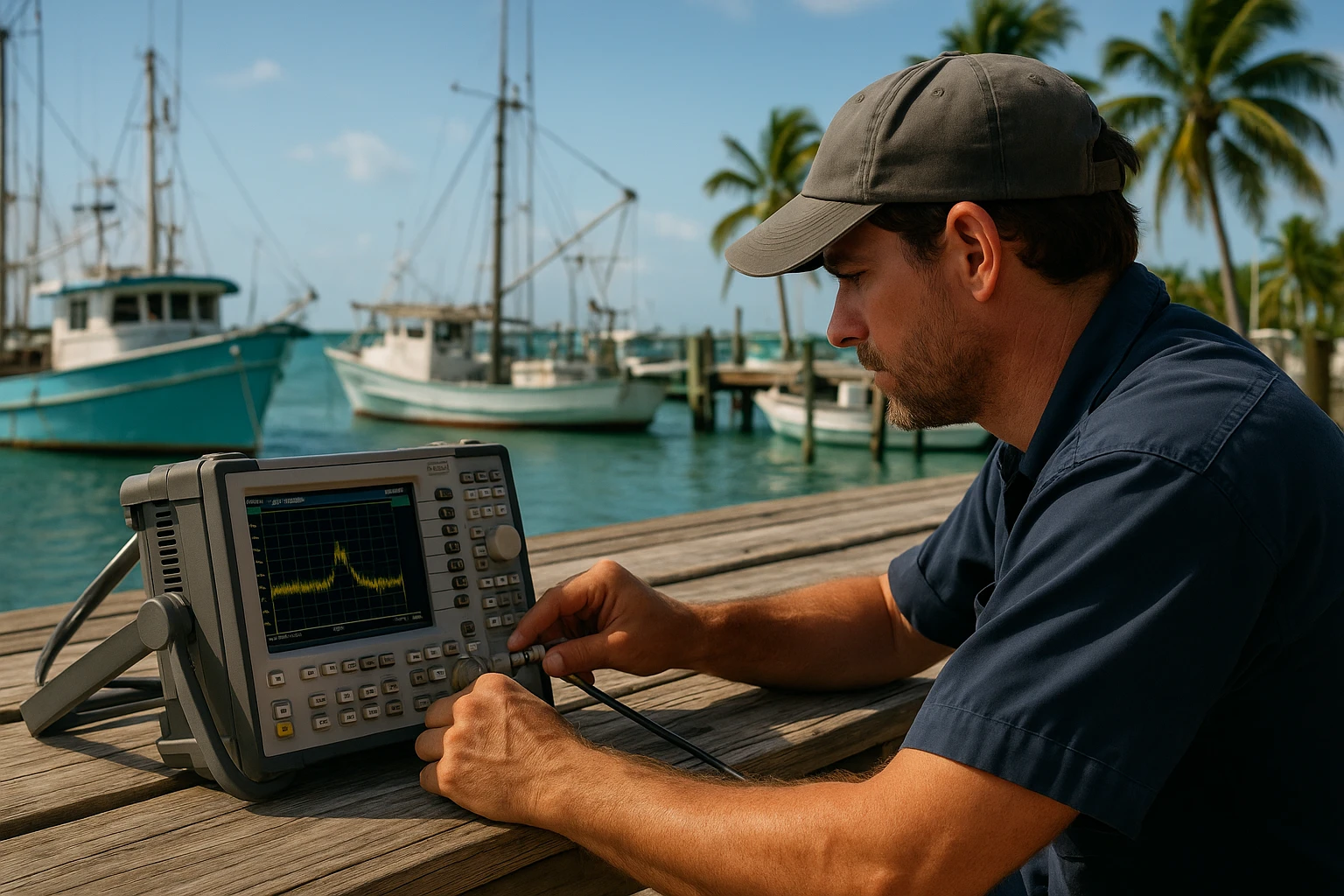 A technician calibrating a spectrum analyzer on a rustic Key West dock, surrounded by fishing boats and the shimmering ocean, with palm trees swaying in the background.