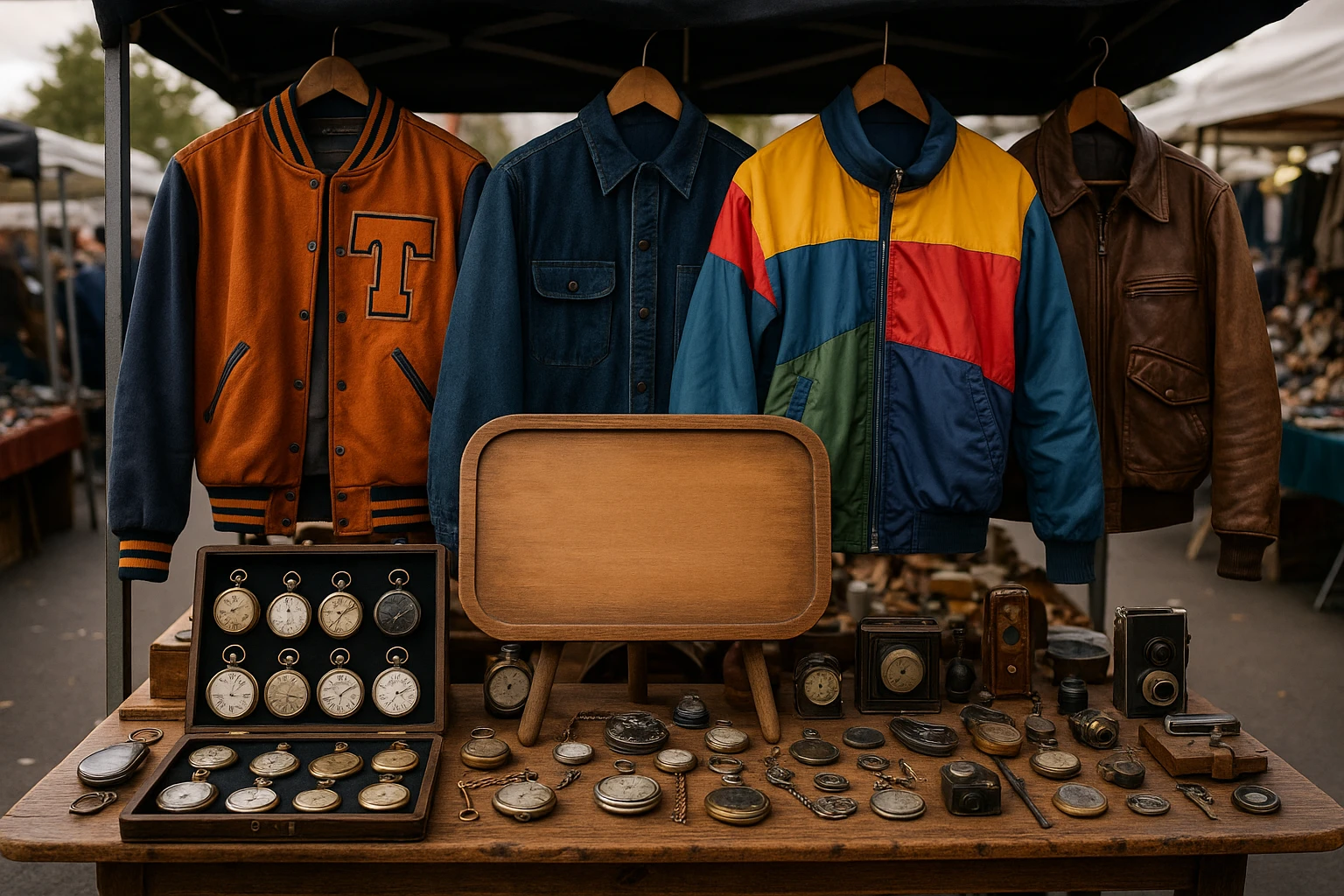A vibrant marketplace stall filled with vintage clothing and rare collectibles, including antique watches, retro jackets, and a wooden sign displaying the eBay UK logo, all set against a bustling outdoor flea market scene.