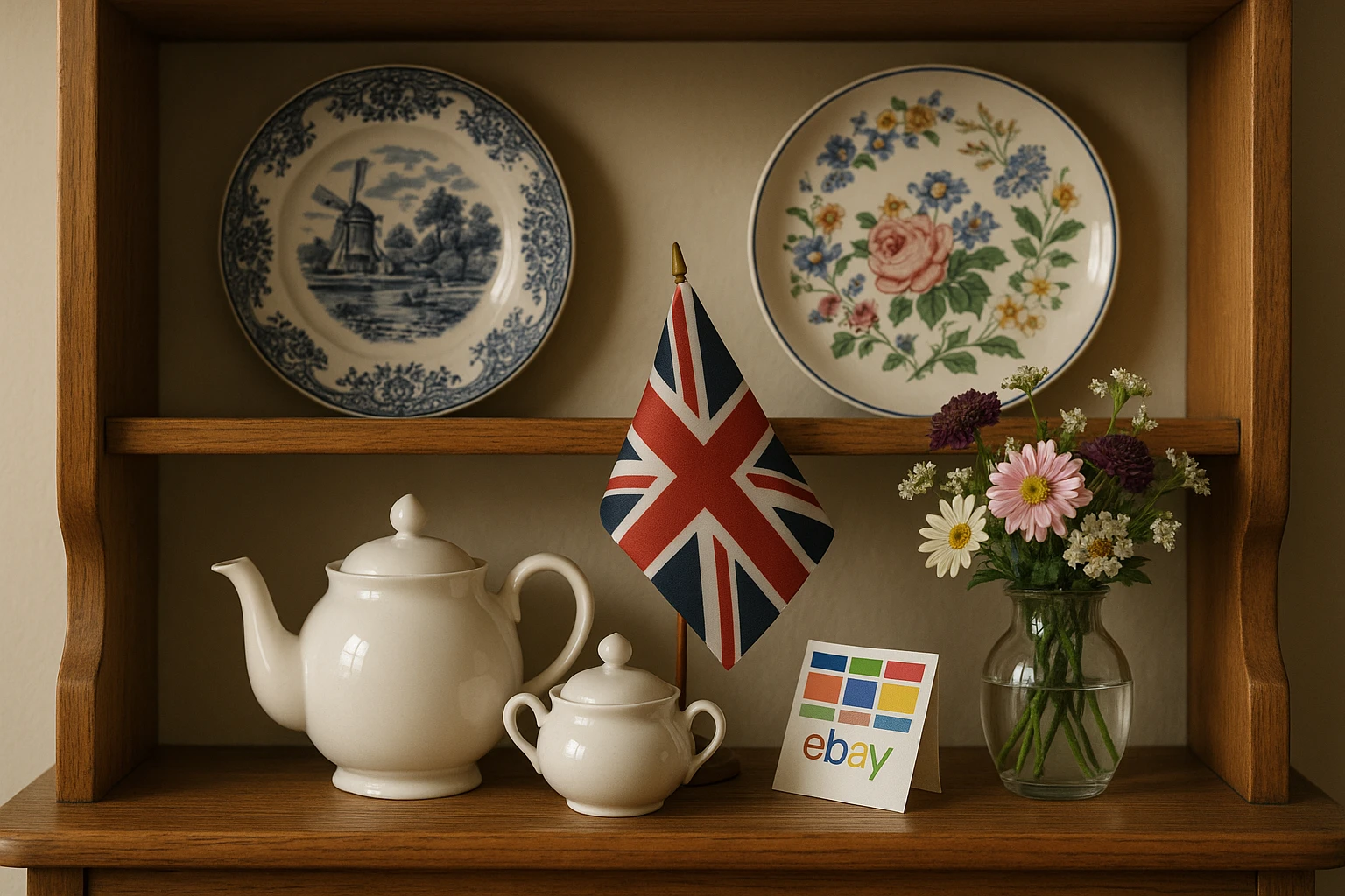 A display shelf in a cozy British home featuring a collection of diverse items including a teapot set, decorative plates, and a small Union Jack flag, with a tiny eBay UK brochure casually placed next to a vase of freshly picked flowers.