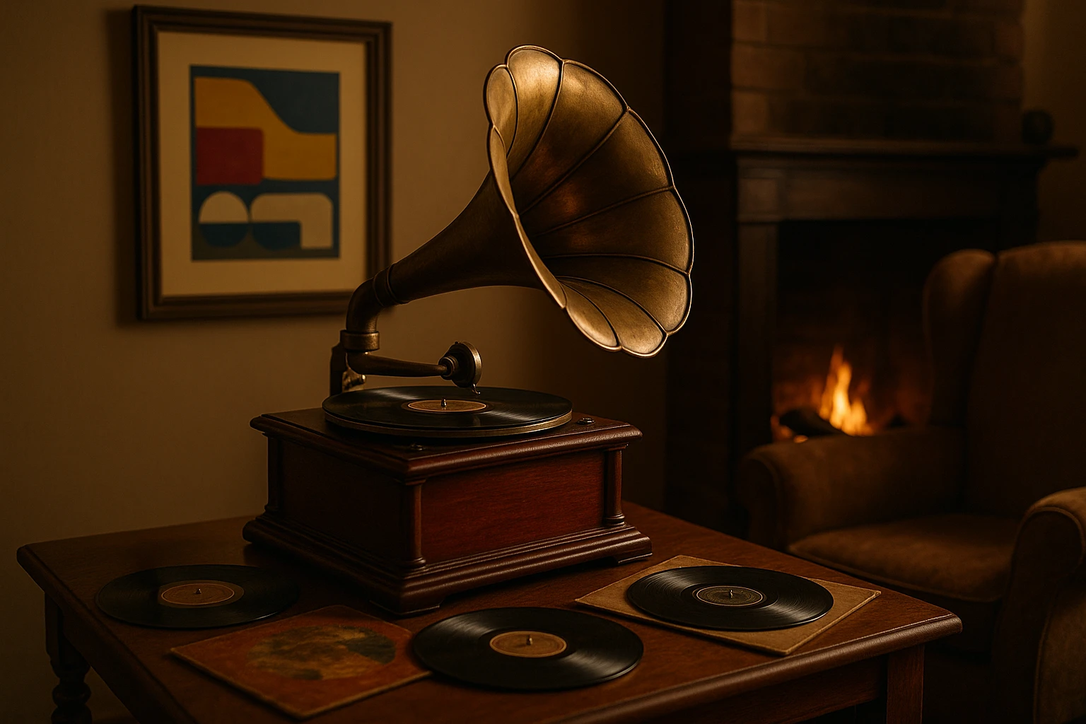 A cozy British living room scene showcasing a vintage gramophone on a wooden table, surrounded by antique vinyl records and a framed eBay UK promotional poster hanging on the wall, with a plush armchair and a warm fireplace in the background.
