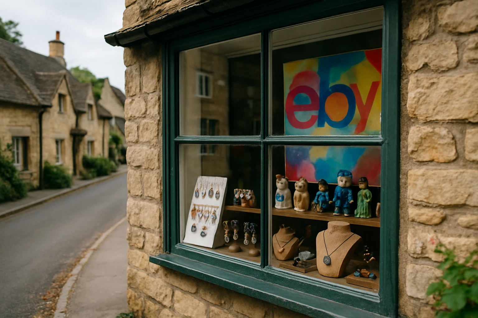 A picturesque British village street featuring a small shop window displaying a variety of eclectic items like ceramic figurines and handmade jewelry, with a colorful eBay UK poster partially visible on the window pane, capturing the essence of community commerce.