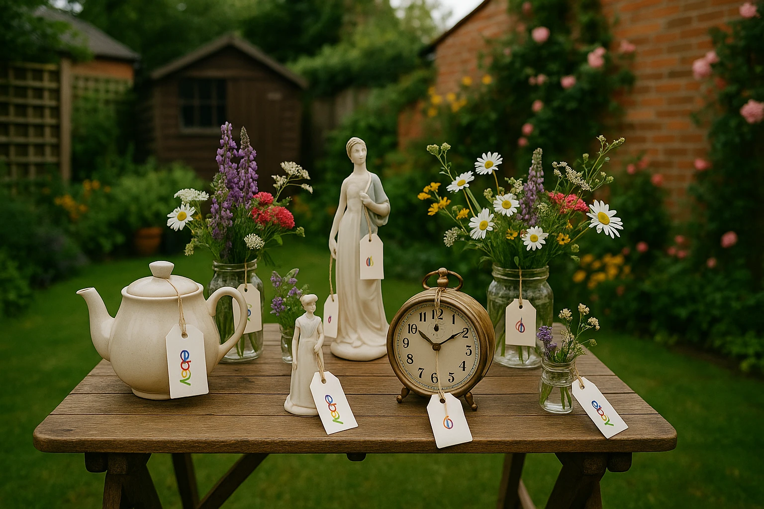 A quaint British backyard garden with a small wooden table covered in various packaged items ready for sale, including a vintage teapot, a porcelain figurine, and an antique clock, with a clever arrangement of wildflowers, all subtly surrounded by eBay UK branded tags.