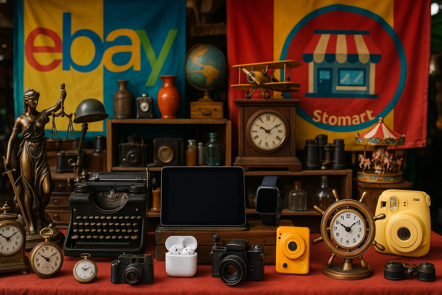 A vibrant market stall filled with a diverse array of products, showcasing a mixture of antique collectibles and modern gadgets, set against a backdrop of colorful banners depicting eBay and Stomart logos.