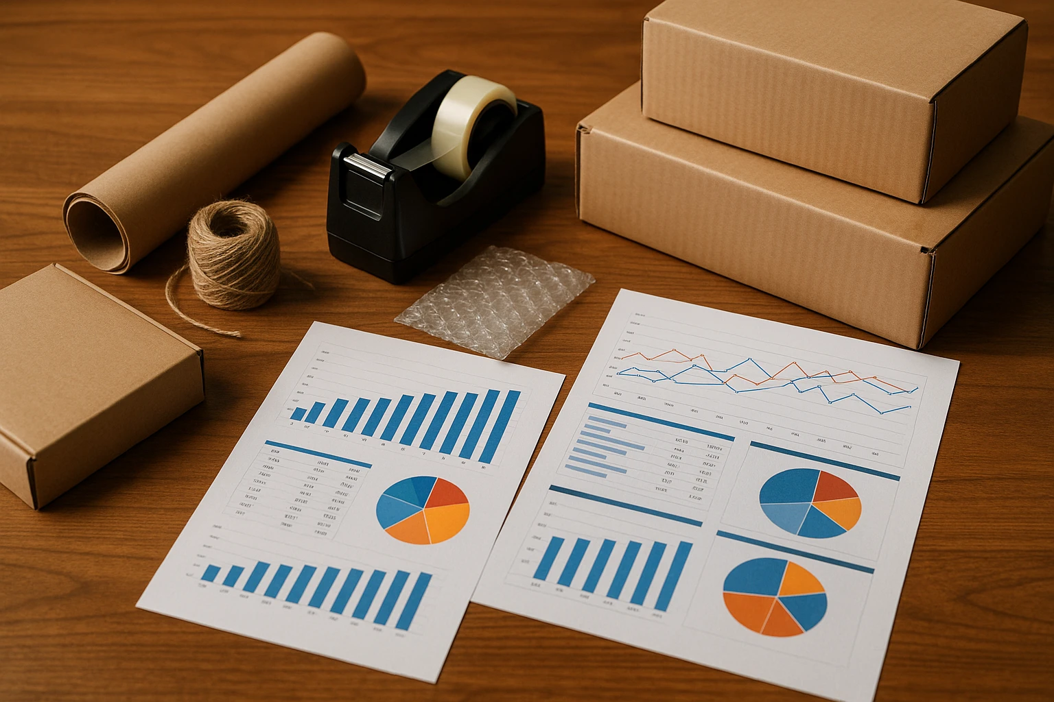 An array of items on a wooden table, including packaging materials, shipping boxes, and printed reports displaying graphs and data, with small eBay and Stomart logos printed on document corners, suggesting marketplace comparisons and seller strategy planning.