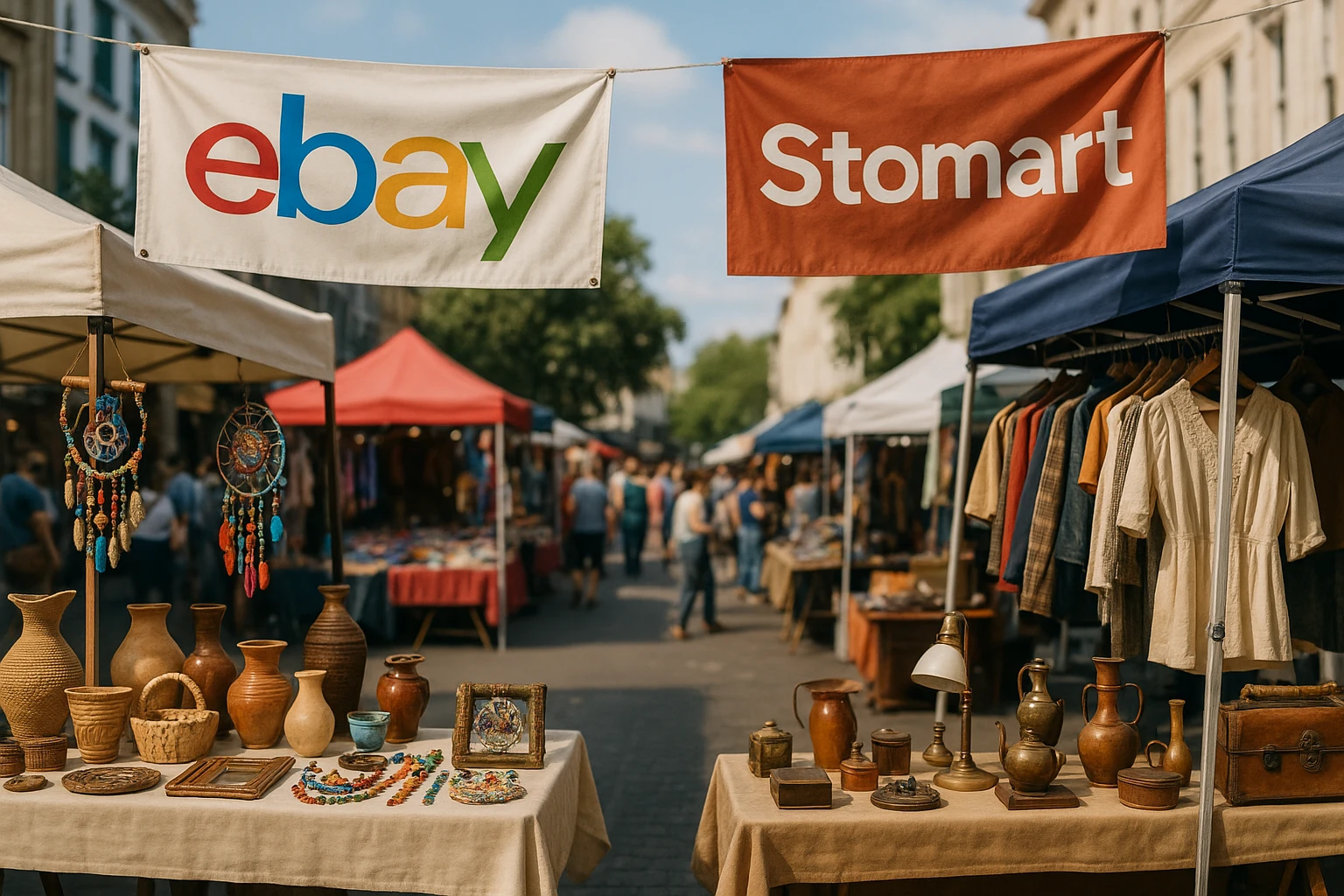 A bustling outdoor marketplace scene featuring a variety of colorful stalls displaying products like handmade crafts and vintage items, with eBay and Stomart logos on hanging banners swaying gently in the breeze.