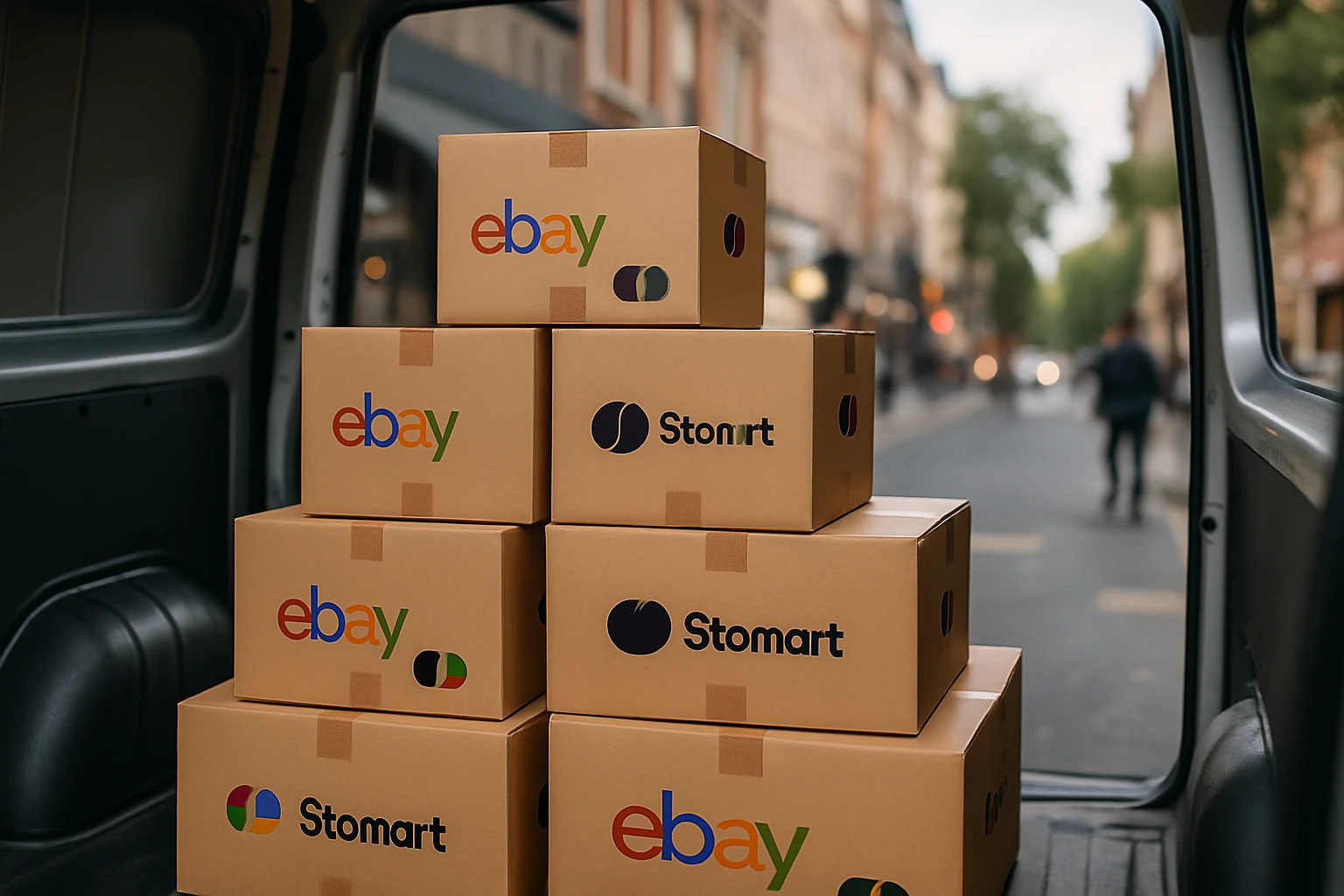 A stack of neatly arranged shipping boxes labeled with both eBay.co.uk and Stomart logos sits in the back of a delivery van, surrounded by outdoor scenery of a bustling city street, conveying the dynamic nature of online shipping and logistics.