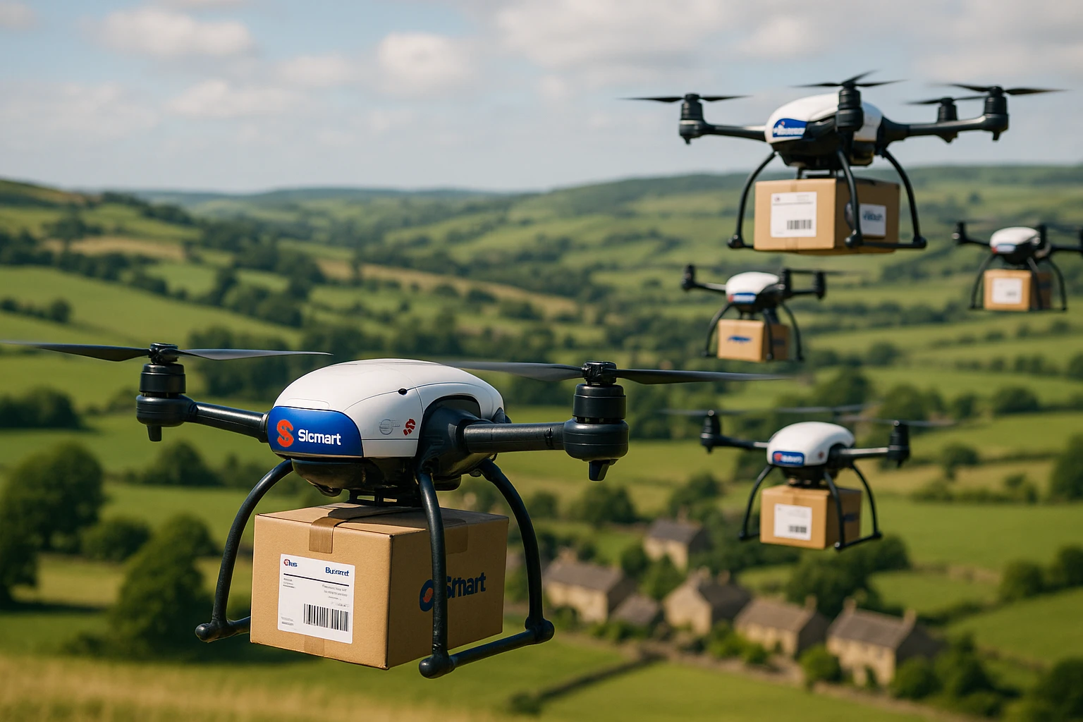 A series of delivery drones hovering over a picturesque countryside, each drone featuring eBay.co.uk and Stomart logos, as they transport packages labeled with distinct shipping barcodes, demonstrating modern logistics technology in a rural setting.