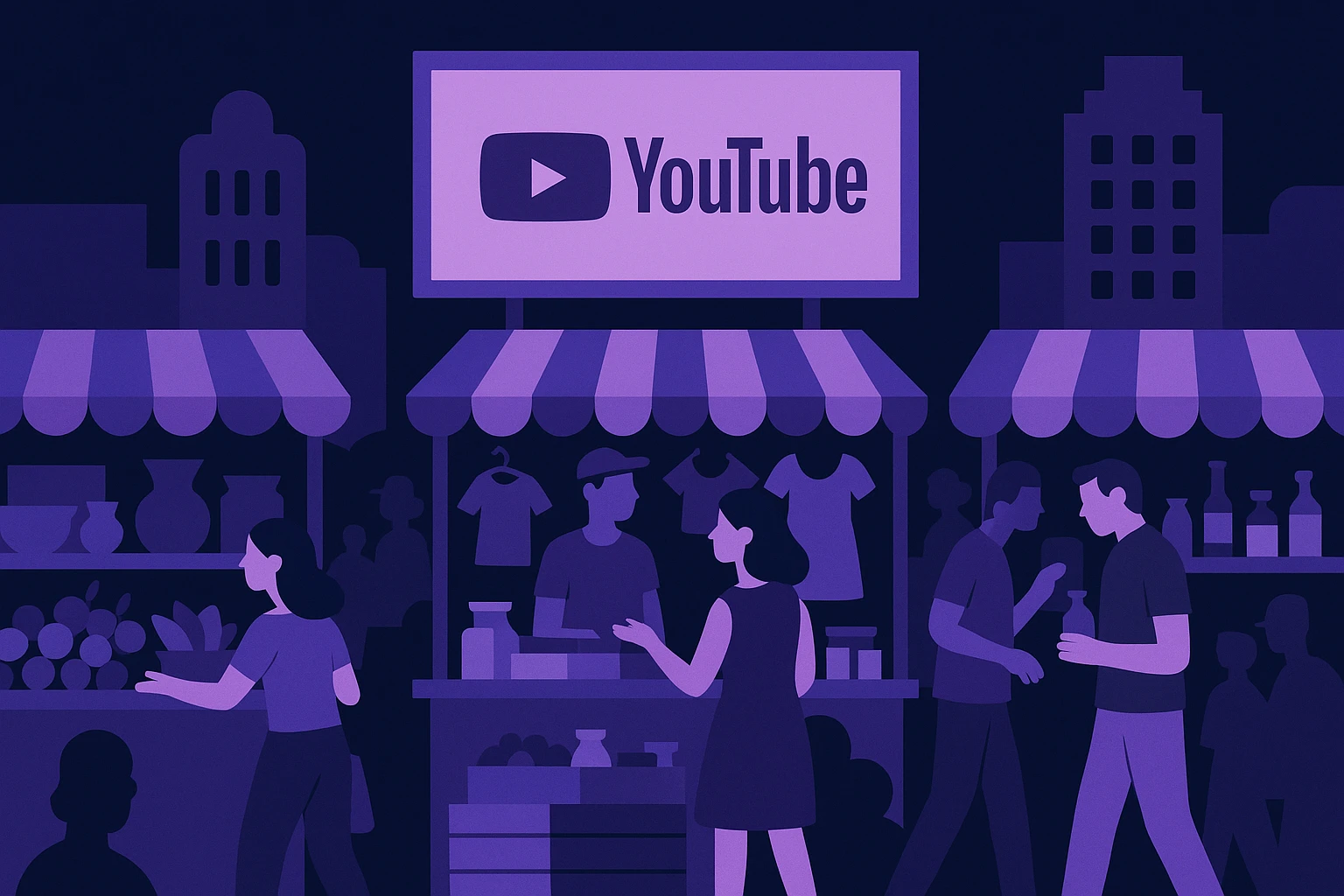A bustling street market in São Paulo with vibrant stalls, where a billboard above displays a YouTube ad in Portuguese, surrounded by shoppers inspecting goods.