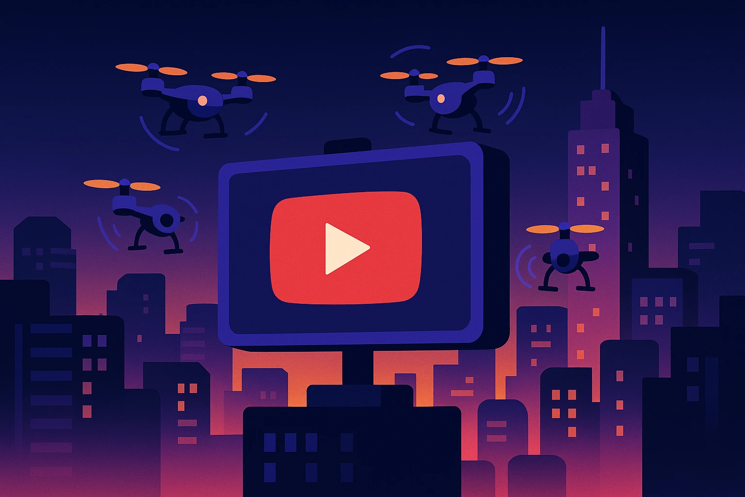 A colorful, futuristic cityscape at dusk with a large digital billboard displaying the YouTube logo, surrounded by flying drones that appear to be transmitting data signals, set against the glow of city lights.