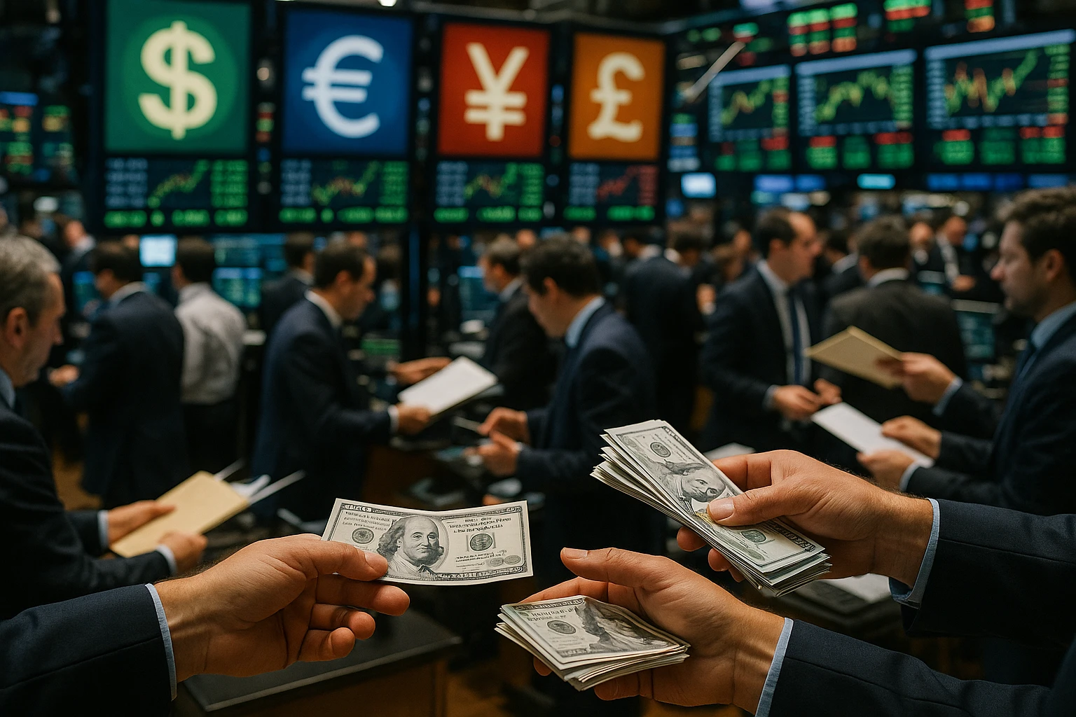 A bustling international stock exchange floor displays diverse global currency symbols on digital boards, with traders' hands exchanging physical notes and documents amidst the energetic atmosphere.