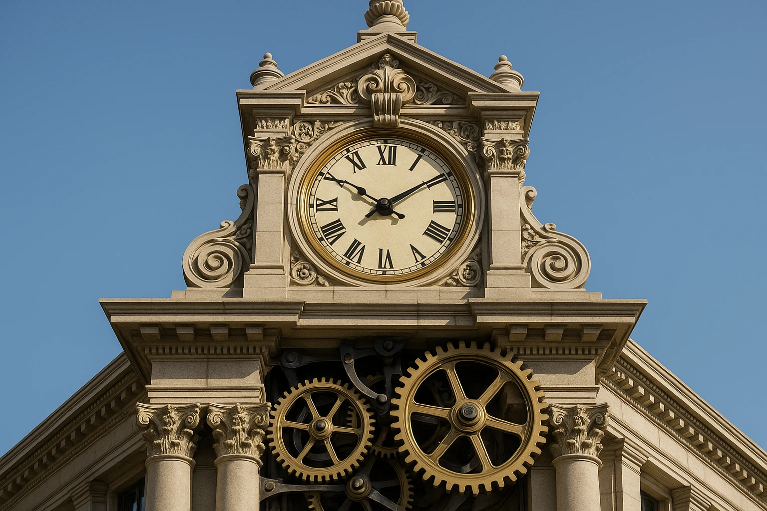A close-up of a central bank's intricate clock tower, with gears and mechanisms symbolizing the complex interplay of economic policies, set against a clear blue sky.