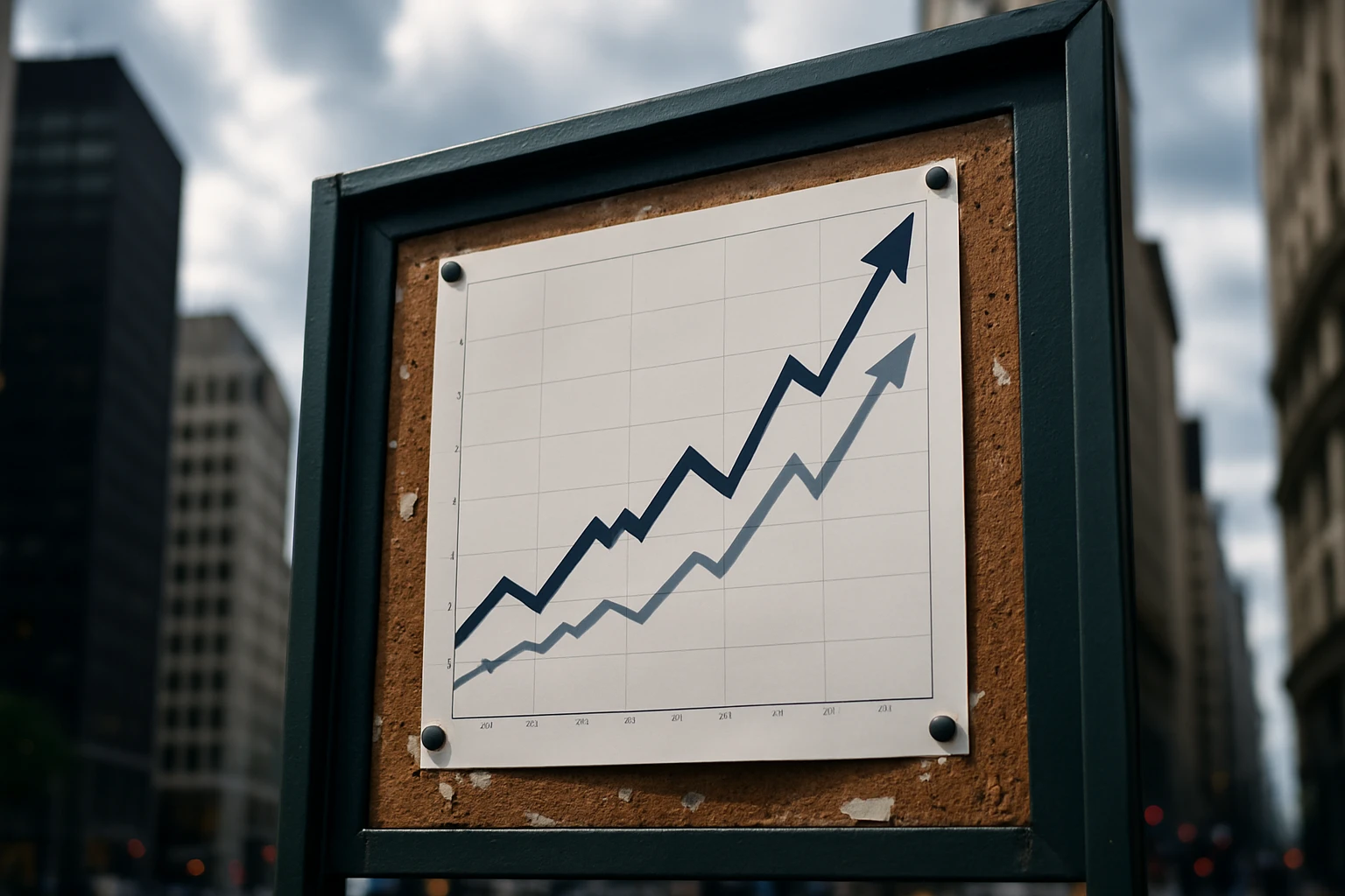 A close-up of an outdoor bulletin board in a bustling cityscape, featuring a prominently displayed graph with upward-trending lines, symbolizing rising interest rates, against a backdrop of a cloudy sky.