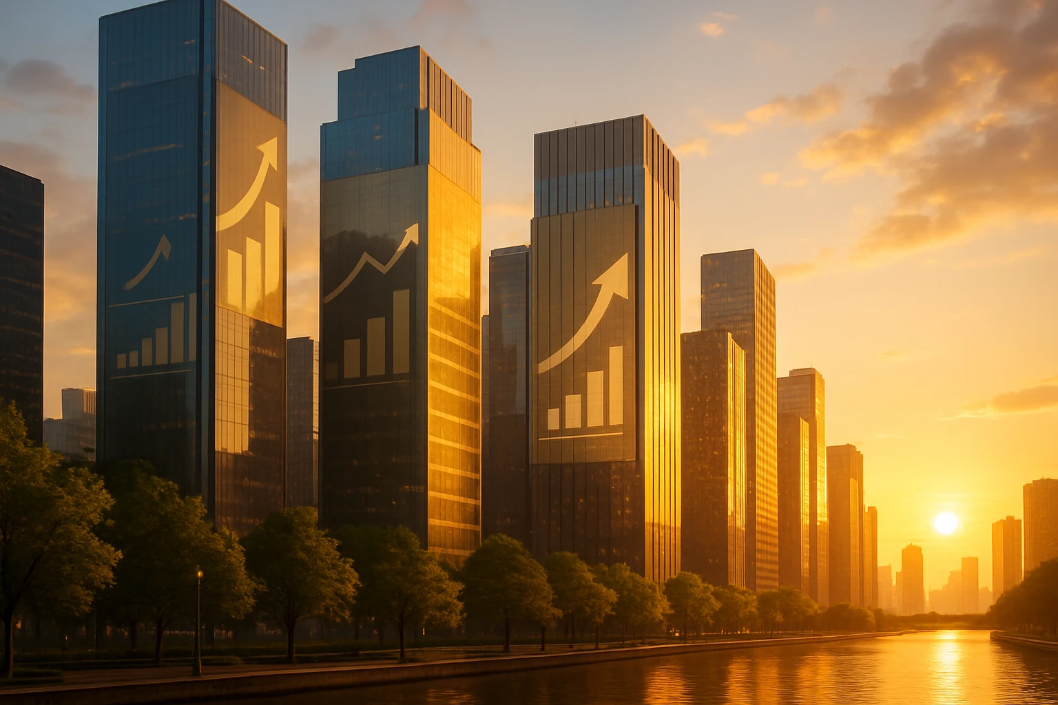 An outdoor scene depicting a financial district skyline at sunrise, with golden light reflecting off skyscrapers adorned with large banners showing ascending arrows and graphs, symbolizing gradual economic growth and interest rate adjustments.