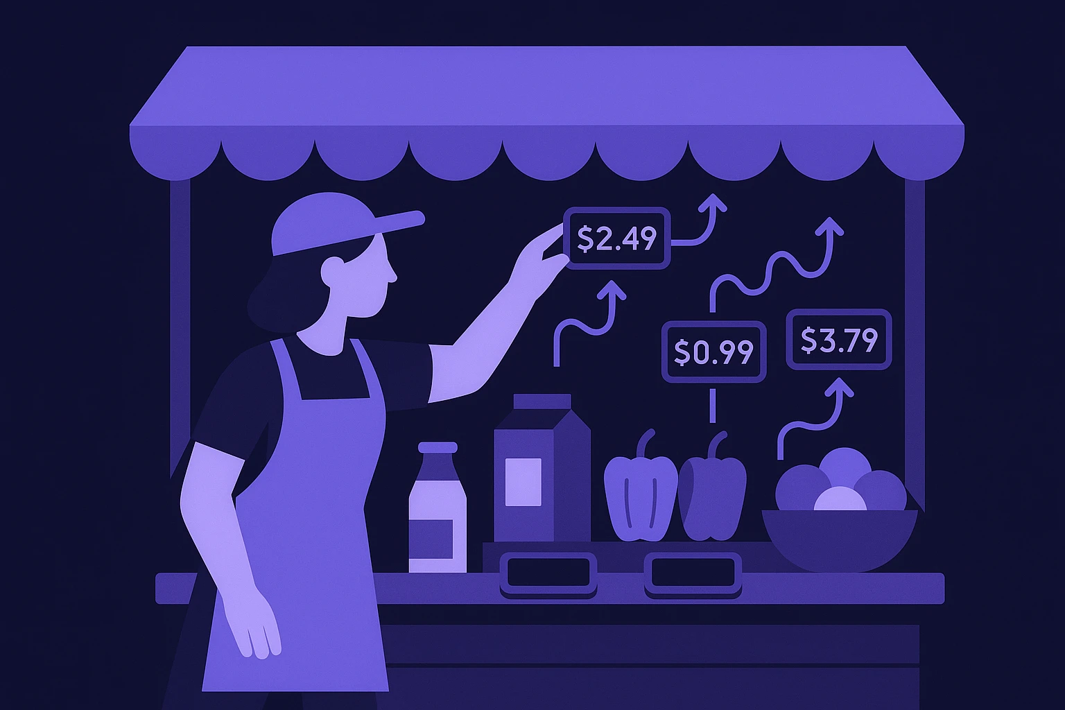 A dynamic scene shows a market stall full of various products, each with price tags being updated in real-time on small digital displays, representing the efficient data gathering of web scraping.