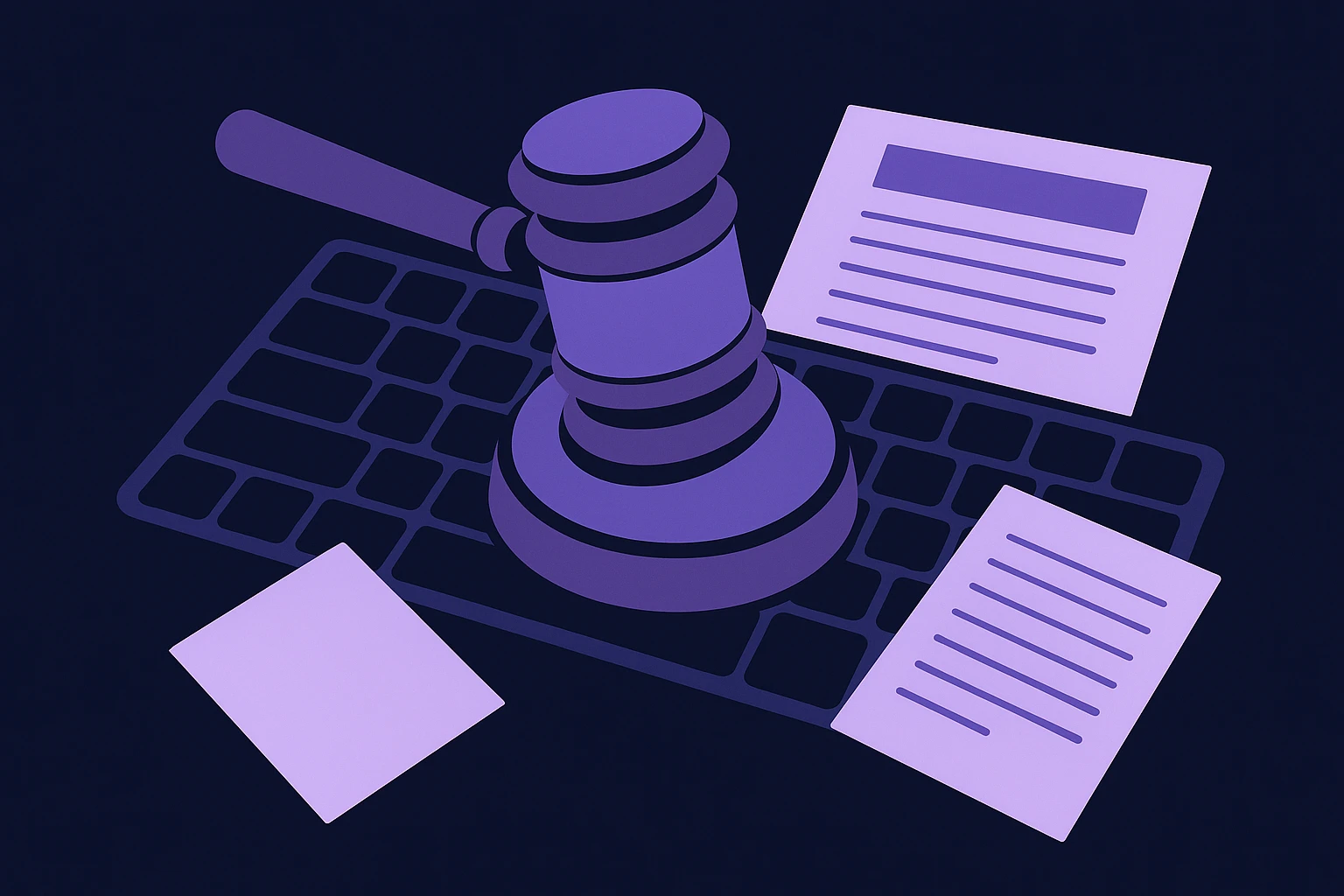 A close-up of a judge's gavel resting on a keyboard, symbolizing the legal implications of web scraping, with scattered papers and a visible 